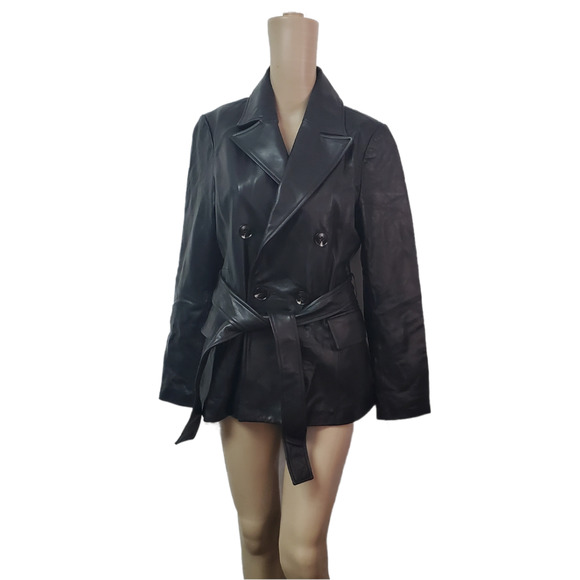 Tahari Jackets & Blazers - Tahari Womens Double-Breasted Genuine Leather Jacket Black Small